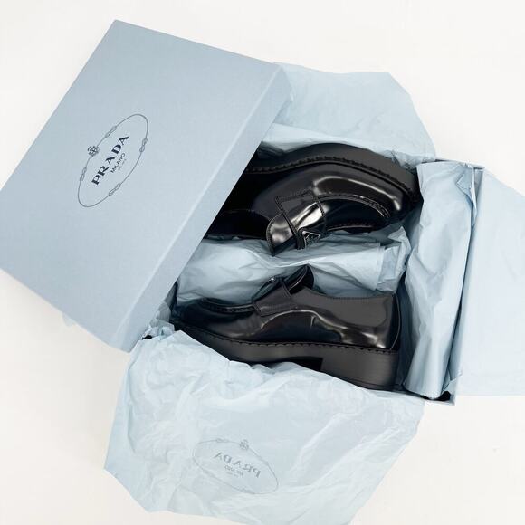 Prada Black Brushed Leather Chocolate Chunky Triangle Logo Loafer size IT 36 - Picture 15 of 15